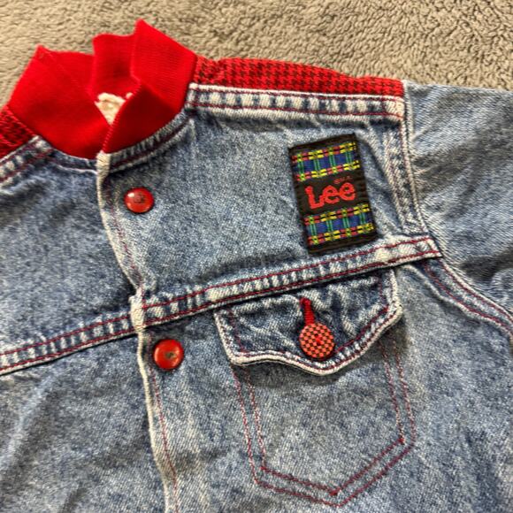 Vintage 80s Lee Kids Denim Bomber Jacket Red Knit Trim Union Made in USA 3T - Picture 2 of 9